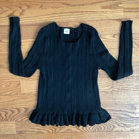 CABI Peplum Ruffle Party Ribbed Sweater Cardigan Black  Women’s Size L NWOT - Picture 3 of 11